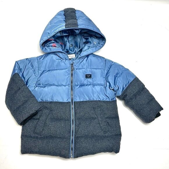 Emporio Armani Baby Boy’s Hooded Down Puffer Jacket Blue and Gray 18 months - Picture 2 of 13